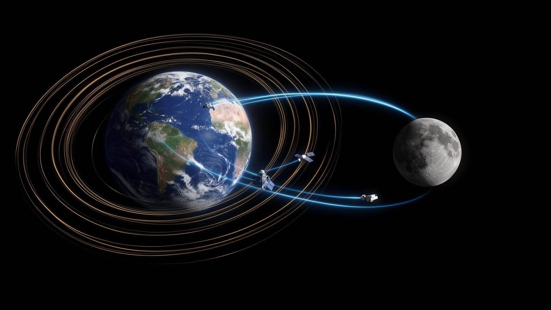 Cislunar network visualization showing Earth, orbital rings, satellites, and the Moon