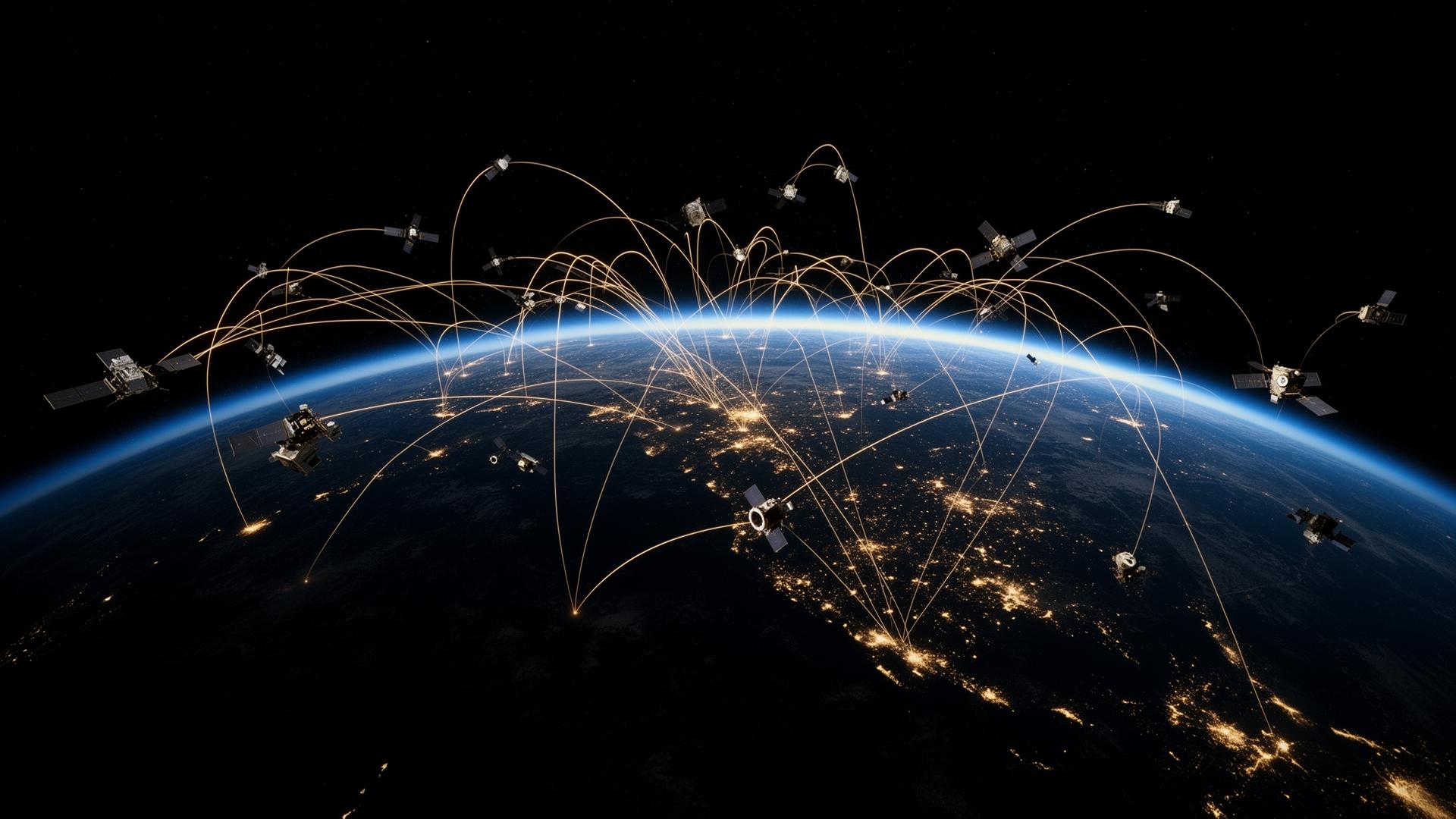Earth viewed from orbit with a global satellite network