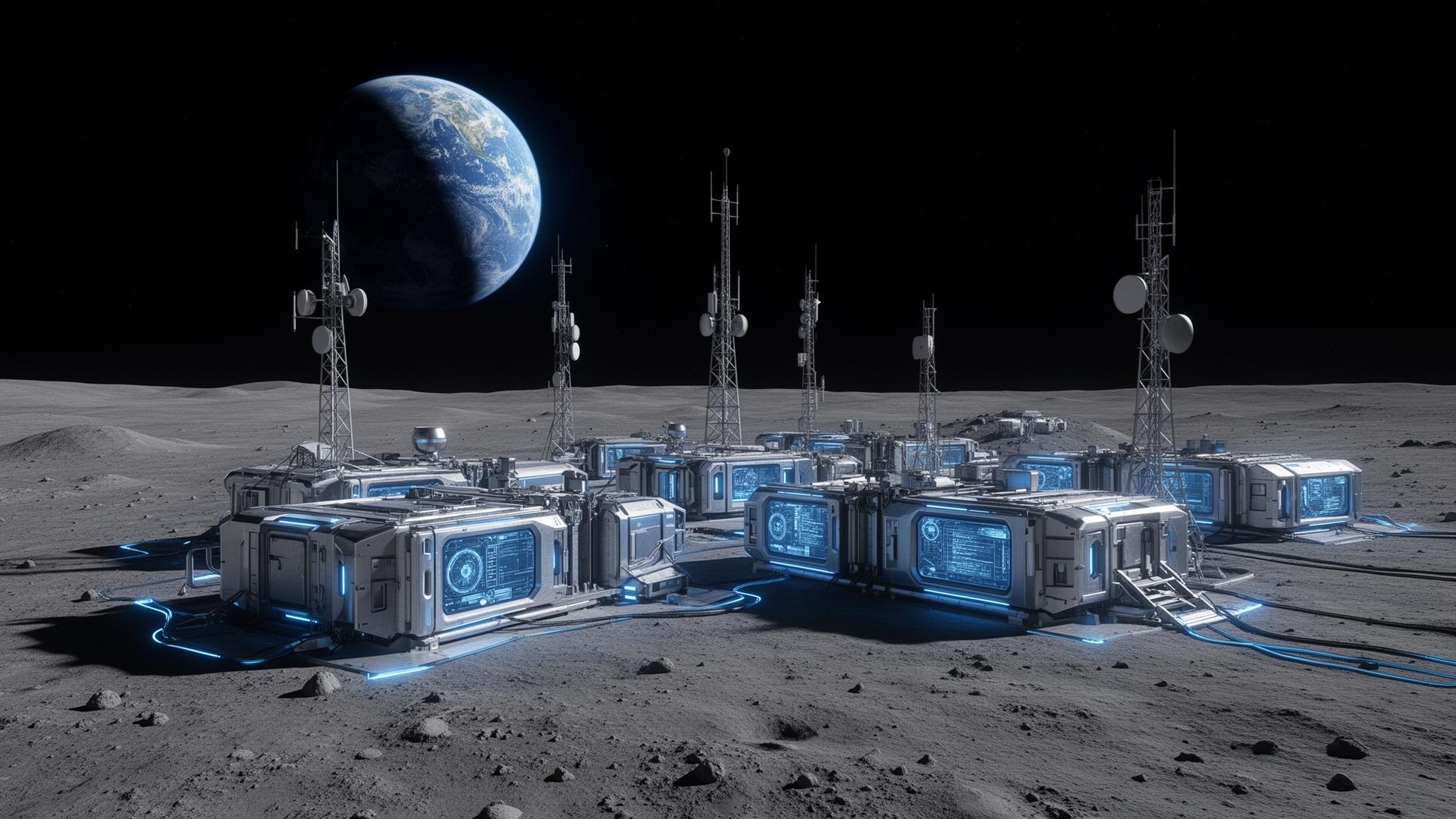 Concept of lunar surface infrastructure with Earth in background