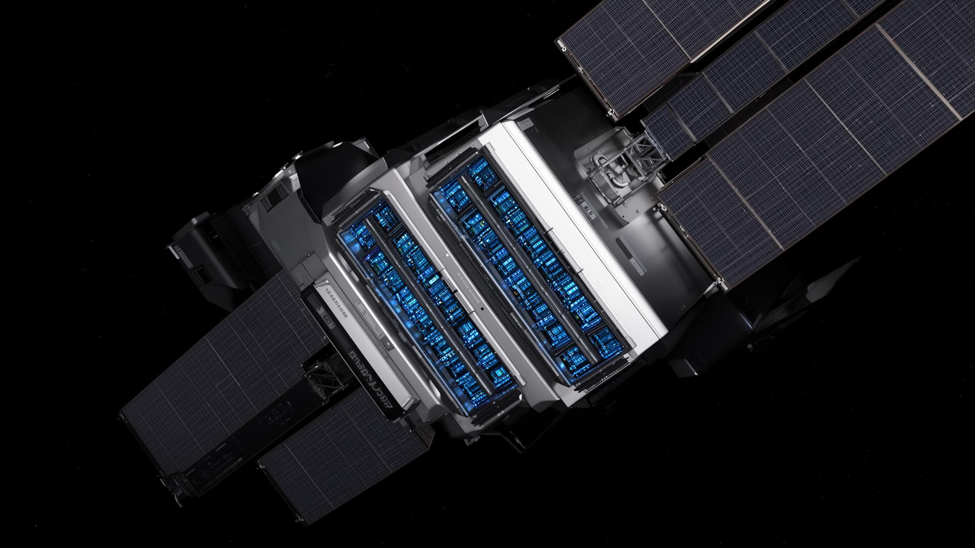 Orbital data centre satellite with server racks and solar arrays